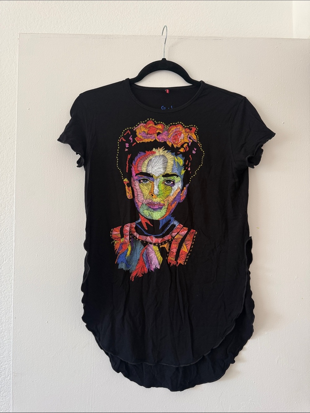 Black Short Sleeve Tee with Colorful Frida Kahlo Portrait